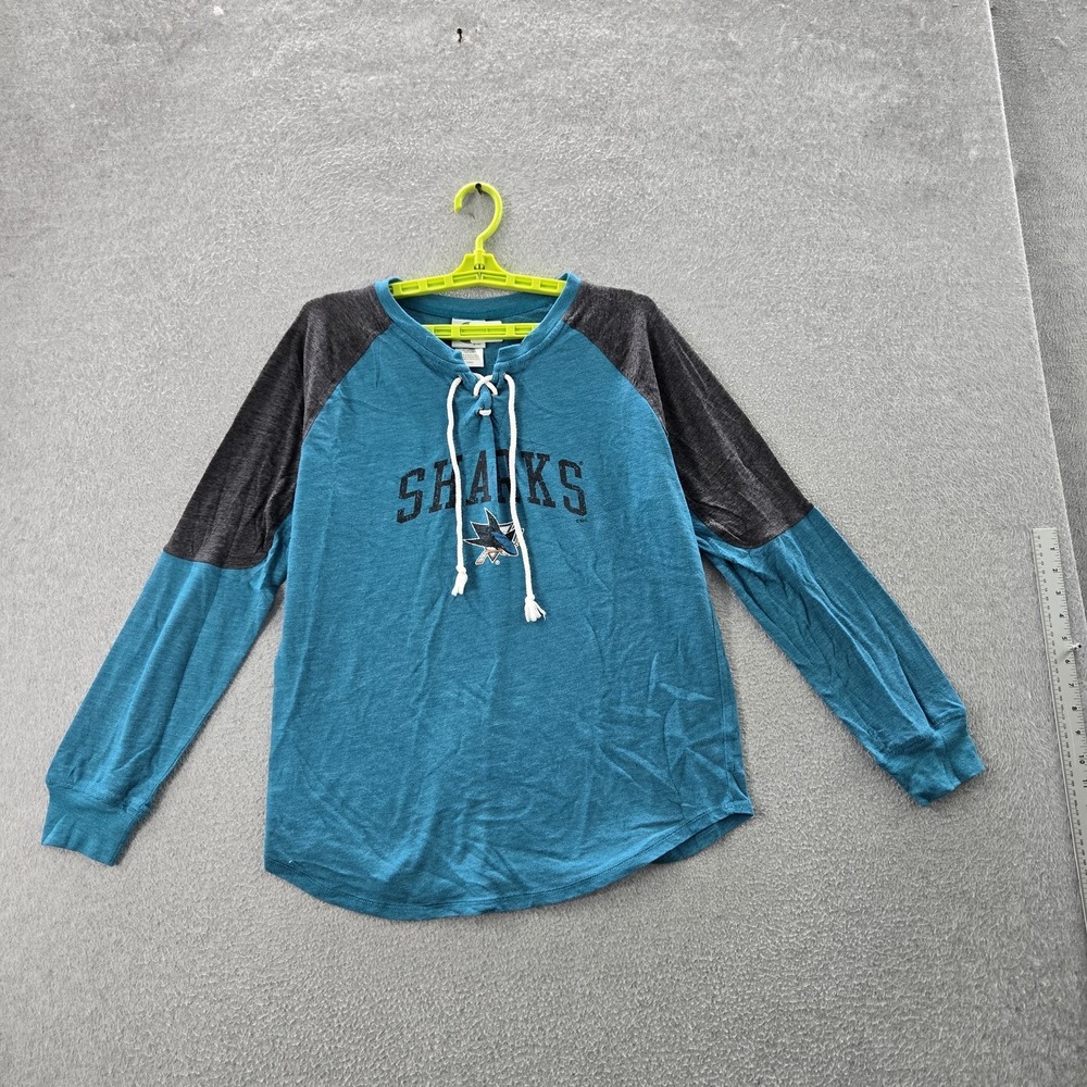 San Jose Sharks‎ Women Shirt L Teal Colorblock Raglan Logo Drawstring Pullover